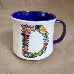 Anthropologie Nathalie Lete Floral & Kitten Monogrammed “D” Coffee/Tea Mug. 14oz